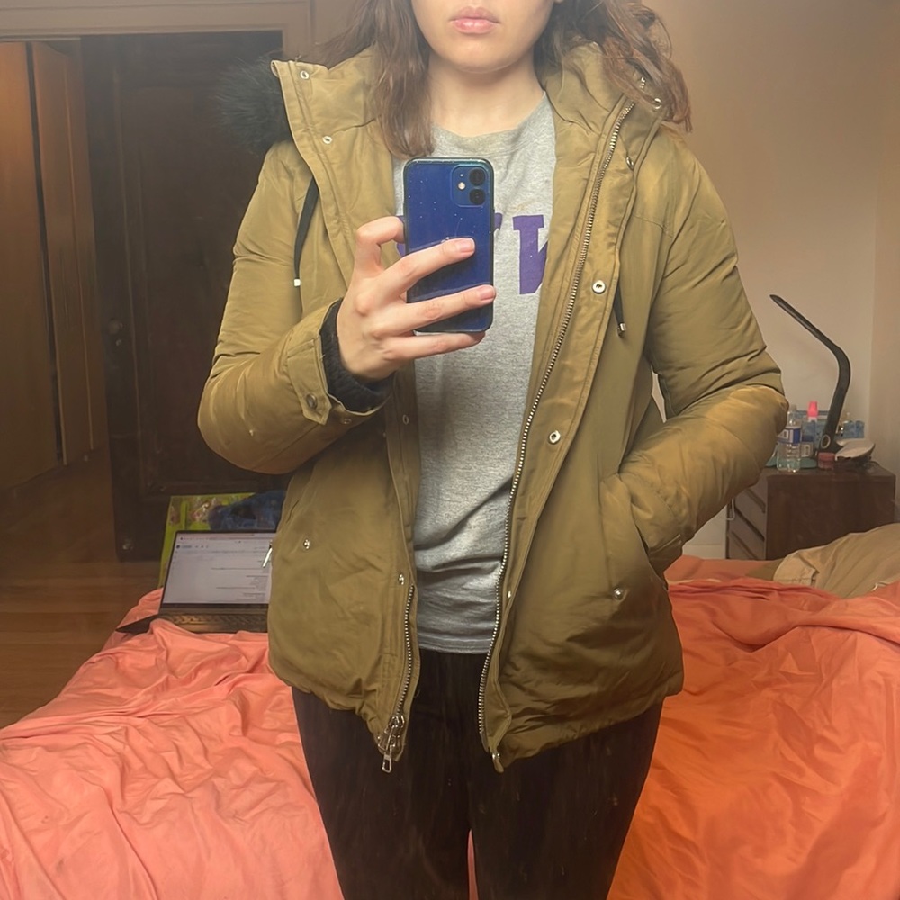 Zara Olive Green Winter Coat with Faux Fur Lining- Size Medium